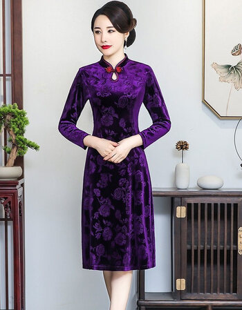 恒源祥妈妈连衣裙中老年女婚宴礼服长袖金丝绒改良旗袍秋女士女式显瘦