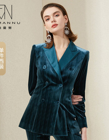 法曼努秋冬丝绒西装套装女新款修身时尚蓝色职业装金丝绒小西服阔腿裤