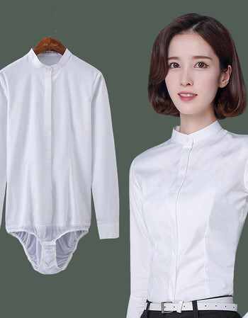 2019新款立领女长袖连体衬衫连裤衬衣短袖弹力棉暗门襟大码面试 白色