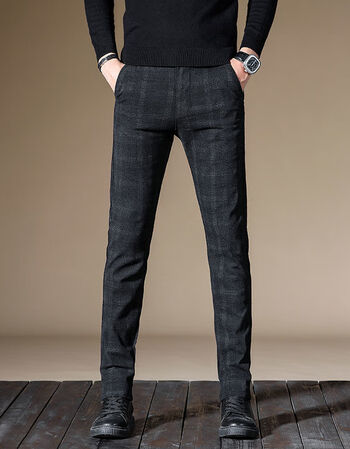 啄木鸟男装春秋冬季休闲裤韩版潮流修身直筒弹力潮牌商务格子小脚长