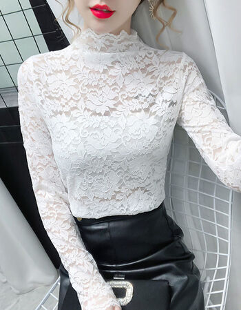 打底衫女秋冬内搭洋气百搭网纱薄款修身大码长袖上衣白色蕾丝衫3xl135