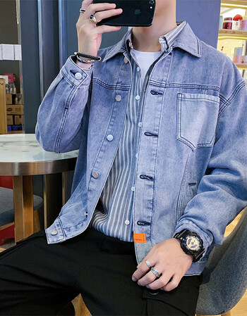 外套男春秋季大码潮牌工装秋装上衣韩版潮流休闲翻领夹克ds944蓝色xl