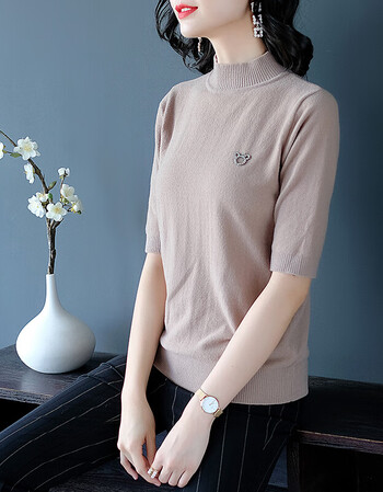 女中袖2018秋季新款堆堆领时尚金丝绒五分袖打底衫女t恤 主图卡其色 m