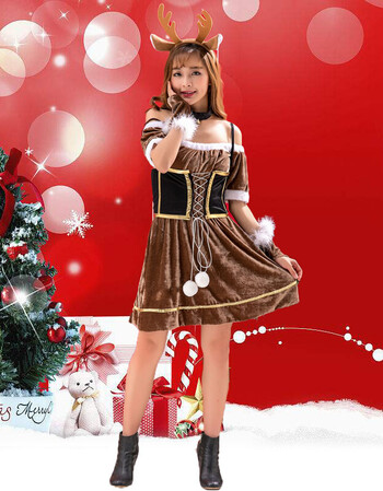 圣诞节服装女圣诞装圣诞老人服装绿色麋鹿派对公主裙演出衣服 6063