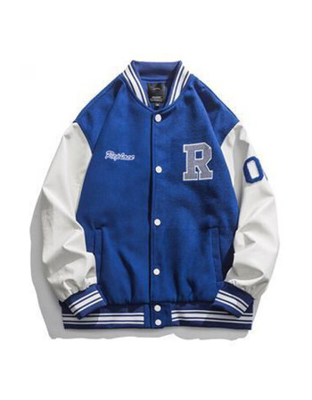 vintage美式棒球服烫钻男女ins春秋季嘻哈宽松bf拼接外套上衣2021蓝色