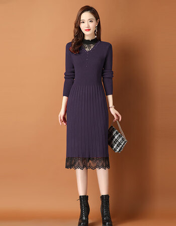 针织连衣裙女新款配中长款毛衣裙秋冬过膝针织打底蕾丝裙秋冬季女式