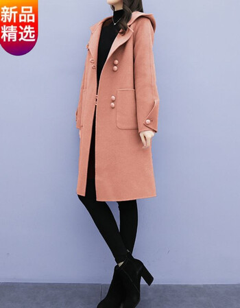 外套女新款秋冬装韩版宽松中长款连帽复古呢子大衣女砖粉色l108120斤