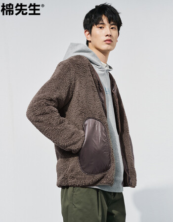 棉先生摇粒绒休闲拼接无领夹克男秋冬潮流保暖外套卡其灰xl