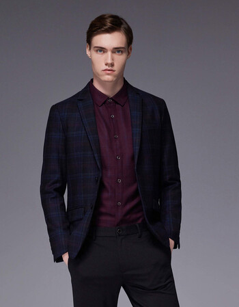 劲霸男装西服男秋季商务修身羊毛格子2018新款西服 深兰(a版) 44