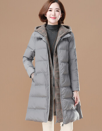 女士棉袄中款 2018秋冬新款女装假两件格子连帽棉衣女 中长款宽松棉服