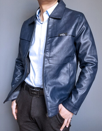 冬季新款男士商务休闲皮衣韩版潮流皮夹克外套加绒加厚机车服 蓝色 l