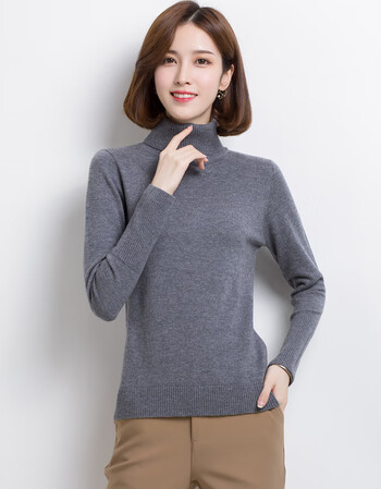 恒源祥羊毛衫女两翻领针织衫纯羊毛高领毛衣女秋冬套头保暖打底衫f 中