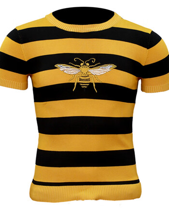 宝剑锋欧洲站男装新款毛衣男短袖圆领修身小蜜蜂刺绣青年潮条纹针织衫