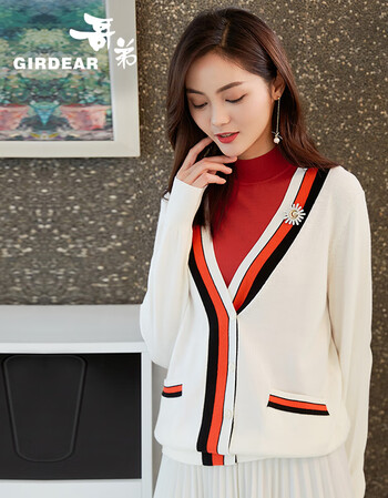 哥弟女装2019春季新款v领拼色长袖开衫a400269 米白 l(4码)