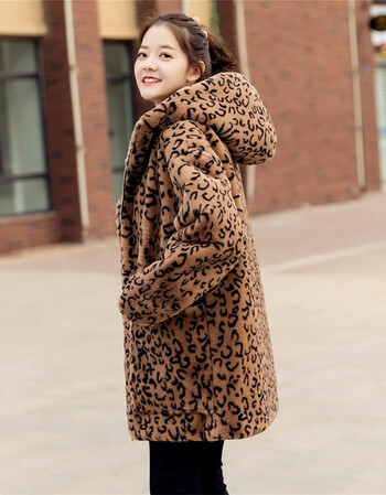女装 皮草 绘属(huishu) 豹纹皮草外套女休闲宽松连帽大衣冬季新款仿