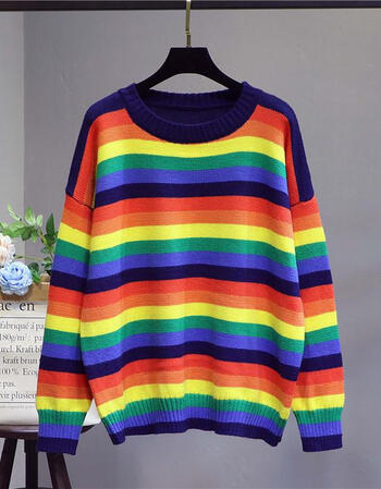 ouweiwo彩色条纹圆领套头毛衣女短款秋装宽松彩虹针织衫2019秋季上衣