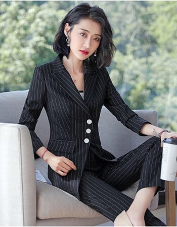 条纹2019春装新款正装西装工作服休闲时尚长袖工装 黑色单件条纹西装
