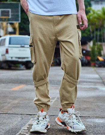 宽松男生国潮裤子男嘻哈春秋款机能小脚哈伦裤薄直营 卡其色 175/73/l