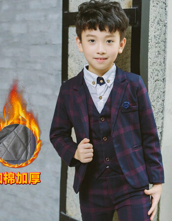 儿童男童西装套装2018新款韩版秋装英伦男三件套幼儿西服宝宝礼服 紫