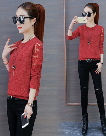 打底衫女秋天上衣新款潮2018秋季韩版长袖t恤女百搭宽松衣服 深红色 m