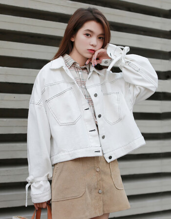 甜美小清新糖果色牛仔外套女春季2018新款宽松学生百搭短款夹克 白色