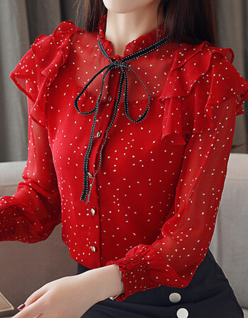 2019春季新款韩版修身波点雪纺衫蝴蝶结波浪边上衣女长袖 红色 s