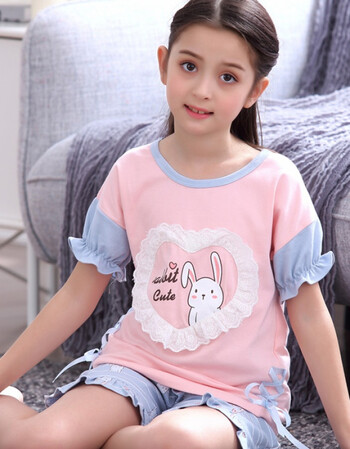 大童女睡衣9-11岁女孩初中学生12夏季13纯棉短袖家居服两件套装15