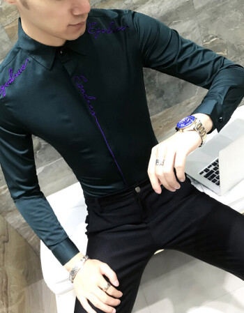 长袖衬衫男大号长袖衬衣字母刺绣韩版修身个性发型师男衬衫 绿色 2xl