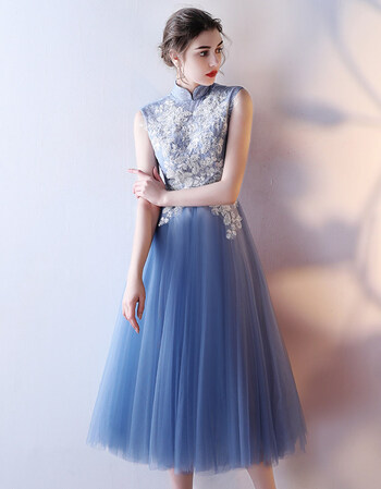 伴娘服新款夏中式伴娘裙中长款姐妹团独唱礼服女演出服晚礼服 蓝色