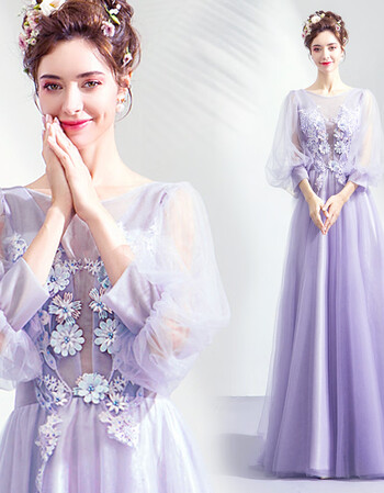 淡紫色晚礼服淡紫色花朵长袖新娘婚纱敬酒服晚宴年会礼服 淡紫 xxl