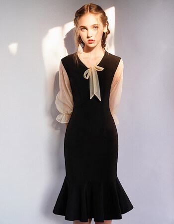 宴会晚礼服女黑色高贵优雅气质鱼尾小个子法式小礼服裙显瘦夏短款 gr