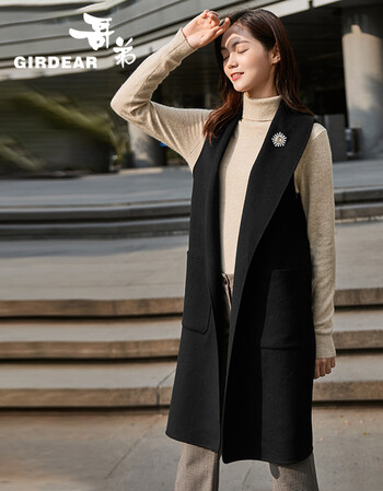 【商场同款】哥弟女装2019秋季新款纯色双口袋无袖翻领双面呢马甲中长