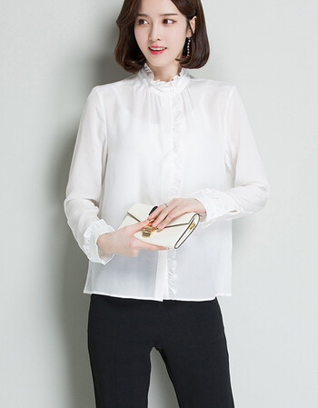 妞儿蜜19年春季新款衬衫木耳边领立领修身韩版显瘦纯雪纺衫女 白色 s