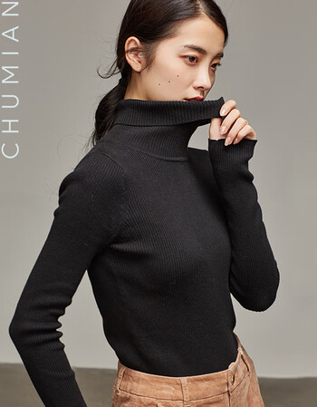 初棉罗纹保暖针织衫修身气质高领毛衣女秋 经典黑 m