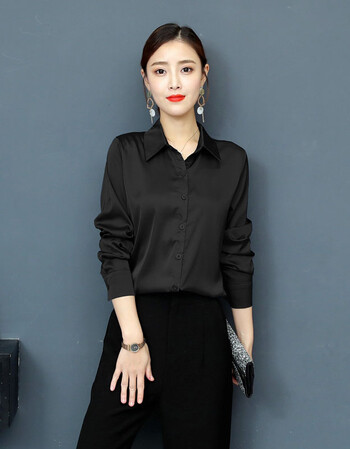 明星同款真丝衬衫女长袖纯色重磅桑蚕丝上衣修身职业衬衣 黑色 m