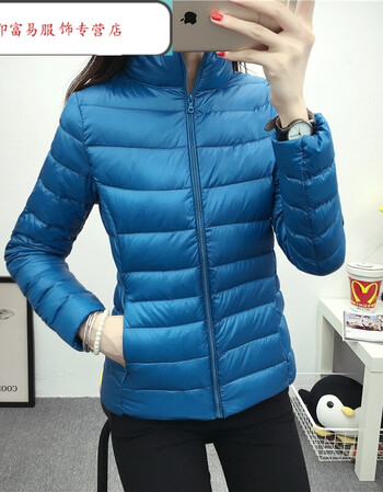 轻薄羽绒服女短款时尚韩版连帽立领大码修身薄款冬装外套 立领 深蓝色