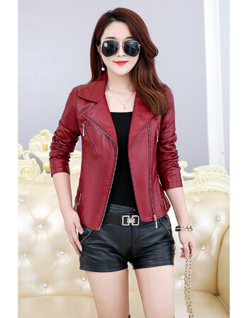 新款大码女装翻领短款修身时尚真皮皮衣女外套皮衣女式皮夹克 酒红 m