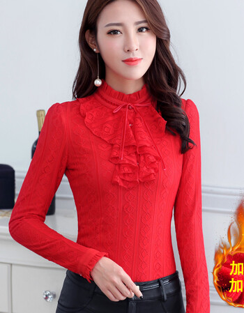 加绒蕾丝打底衫女长袖春季大码百搭洋气小衫内搭加厚保暖上衣 红色