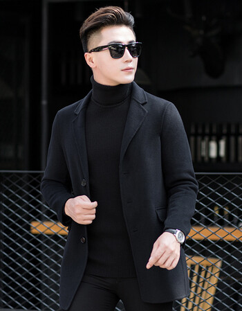 (当季新品)男式半长呢大衣英伦风男士双面尼羊绒外套秋冬双面呢毛呢款