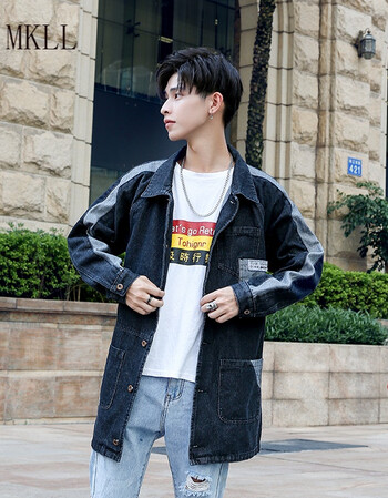 mkll 新款牛仔休闲外套男 中长款宽松大码牛仔夹克港仔男 黑色 m