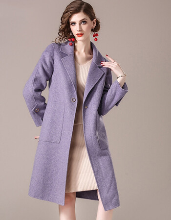 品牌女装外套女2018秋冬新款紫色一粒扣翻领中长款毛呢大衣时尚气质