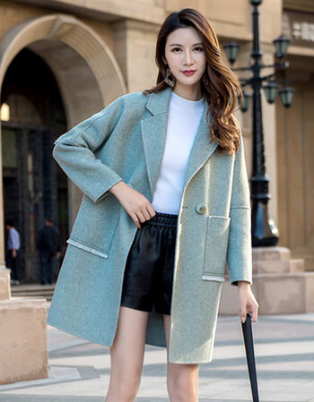 新款韩版双面羊毛妮子大衣女宽松气质中长款羊绒秋冬毛呢外套 青色 s