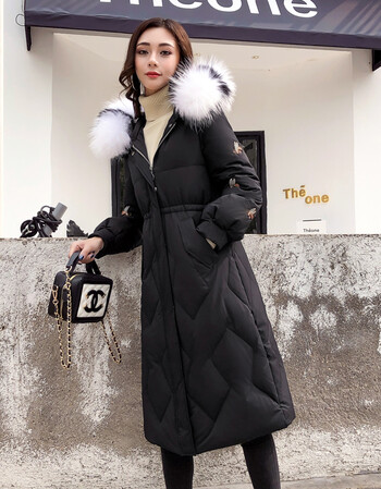 羽绒服女过膝韩版中长款2019冬季新款加厚修身小个子大毛领外套潮大款
