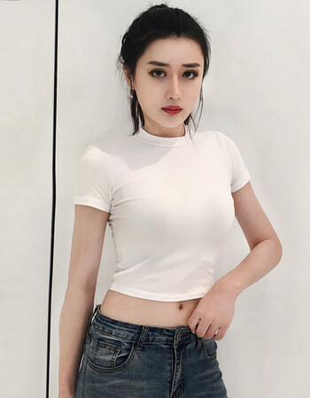 露脐上衣半高领黑色t恤女短袖夏 短款高腰紧身修身性感漏肚脐衣服