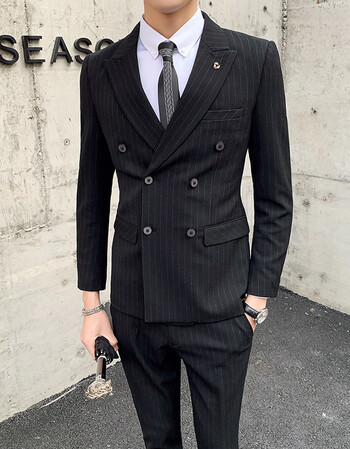 春装新款绅士条纹双排扣西服男西装上下两件装a230-ljt61 黑色 s