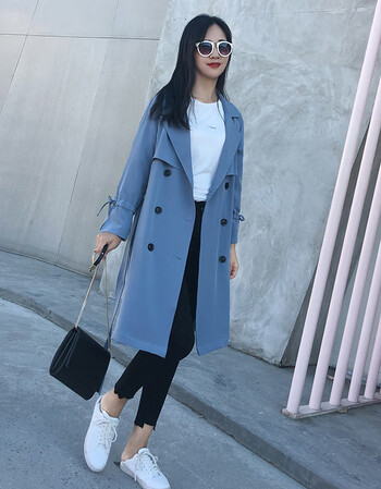 风衣女中长款韩版秋季2018新款女装气质蓝色外套薄款外衣 蓝色 l