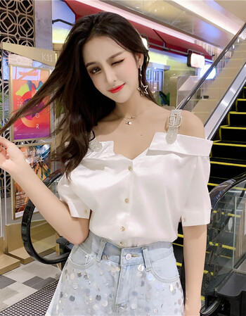 2019夏装露肩衬衣小心机长袖漏锁骨上衣ins火的衬衫 白色 s