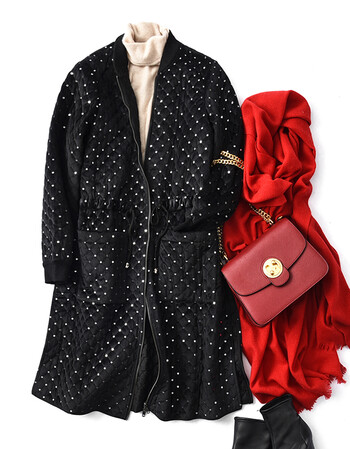 touch miss18冬棉服女精致亮片缝定中长款收腰棒球棉服外套 黑色 m