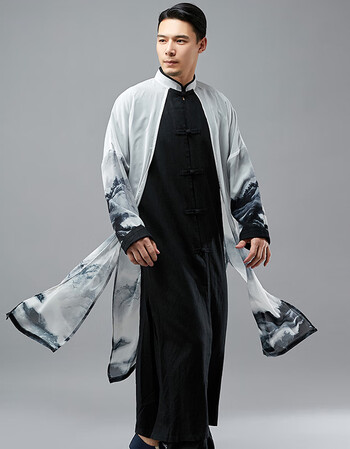 中国风假两件棉麻长衫古风男装盘扣立领中式唐装长袍禅意汉服仙气