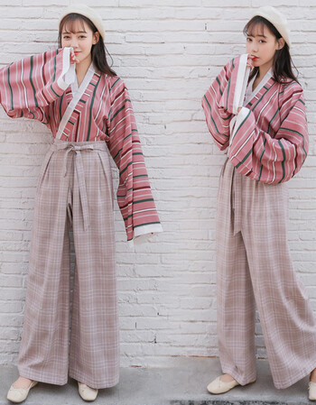 新款粉红魏晋风交领条纹晋儒格子袴表演服毕业汉服日常